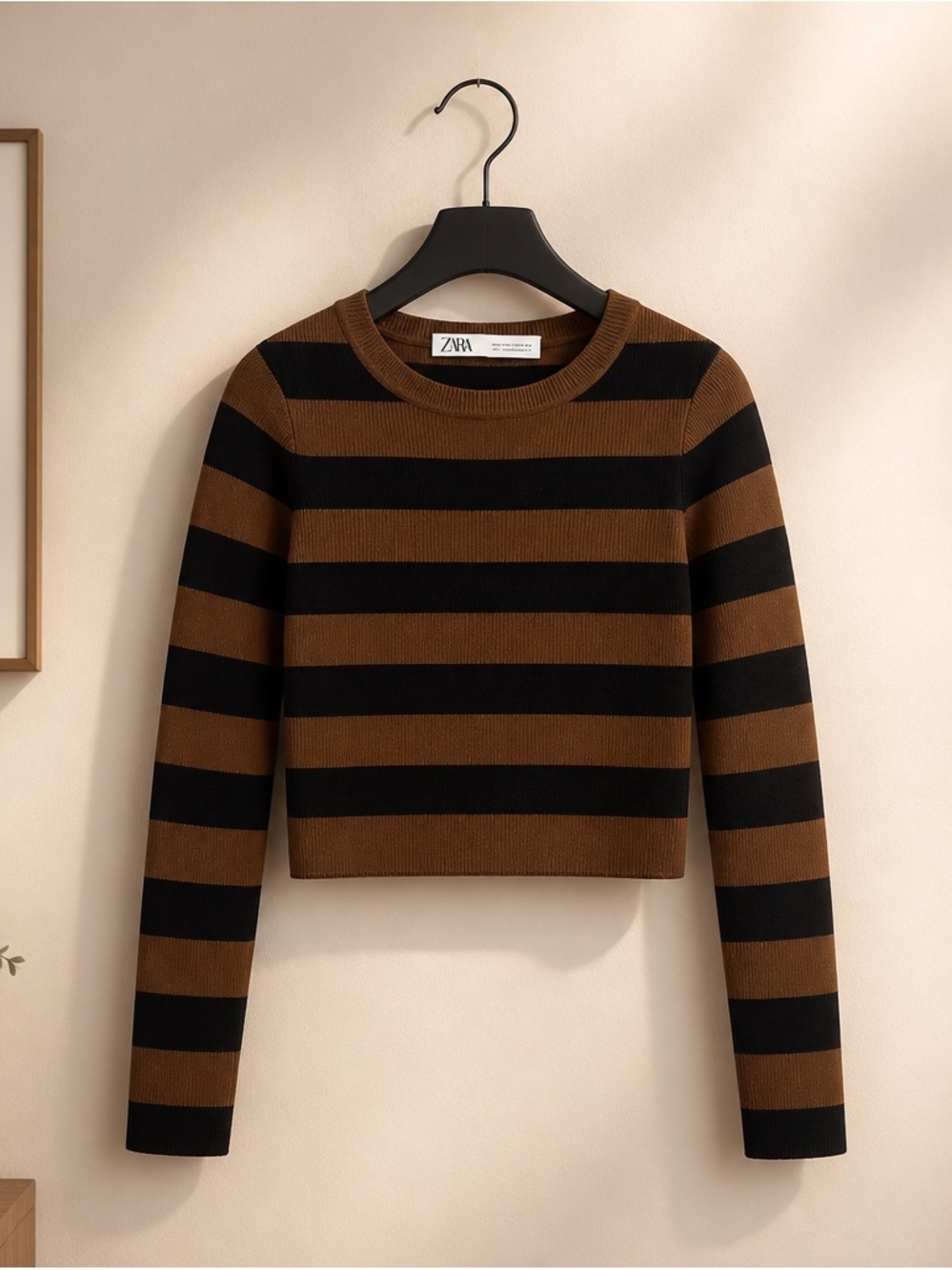 ZARA Black and Brown Striped Cropped Sweater